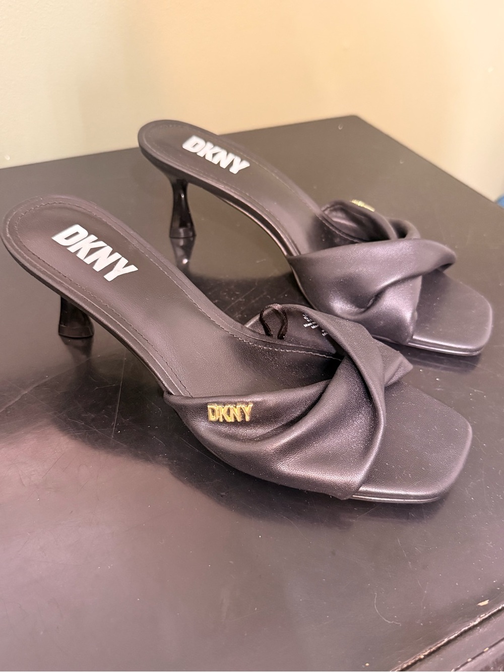 Dkny Black Knotted Slide Mules with Gold Logo